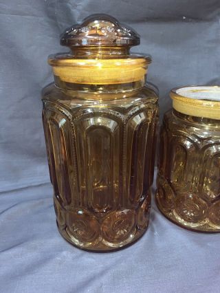 Vintage MCM LE Smith Honey Amber Glass Apothecary Canister Jar Moon/Stars 60’s 2