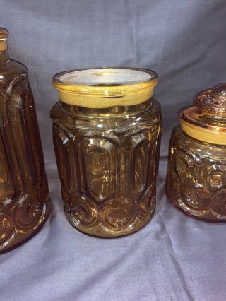 Vintage MCM LE Smith Honey Amber Glass Apothecary Canister Jar Moon/Stars 60’s 3