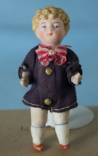 Adorable 3 3/4 " Antique All Bisque Boy W Curly Hair Dollhouse Size