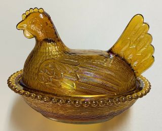 Vintage Indiana Marigold Carnival Glass Hen / Chicken On Nest Covered Candy Dish