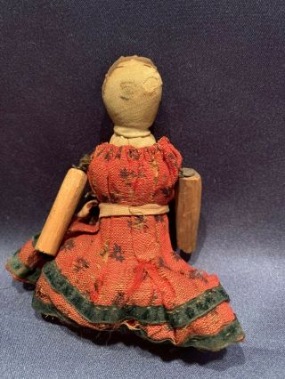 Antique Handmade Wooden Spool Doll Cloth Face Old Dress Early Make Do Dolls Doll