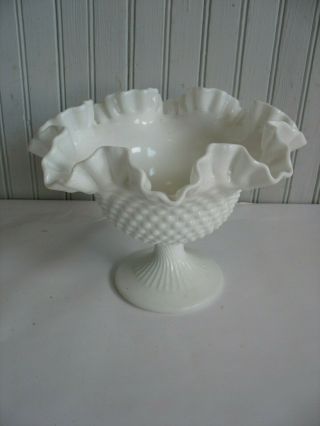 Vintage Fenton Hobnail White/milk Glass Ruffled Pedestal Bowl/candy Dish 6 1/2 "
