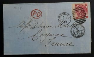 Rare 1872 Great Britain Folded Cover Ties 3d Stamp Cancelled London To France