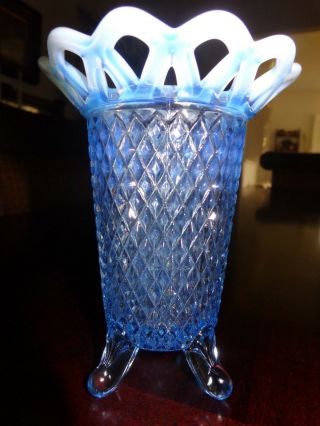 Imperial Glass 743b Lace Edge Seafoam Blue Opalescent Vase 5 " 4 Toed C.  1936 - 40
