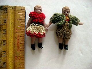 Two Antique Miniature 1 - 1/2 Inch All Bisque Carl Horn Dolls In Crochet Outfits