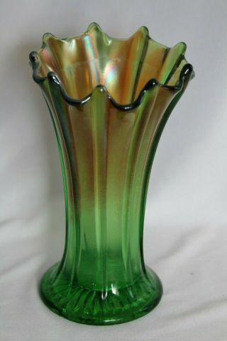 Antique Vintage Northwood Green Opalescent Ribbed Carnival Glass Vase 7 - 5/8 "