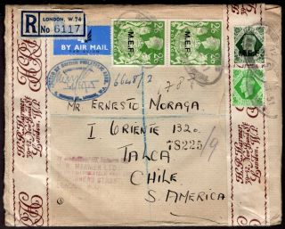 Uk Gb To Chile Registered Air Mail Cover 1951 Bpa Philatelic Censor To Talca