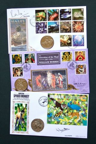 Three Signed First Day Coin Covers - Sea Life - William Morris - Wwf - Shs.