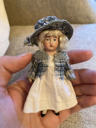 Darling Antique Clothes 3.  5” All Bisque German Doll Jointed Arms Dollhouse