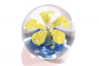Vintage Art Glass Hand Blown Paperweight Yellow Cobalt Blue Flower `2.  75 