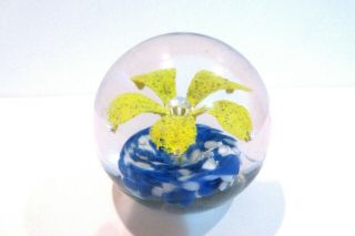 Vintage Art Glass Hand Blown Paperweight Yellow Cobalt Blue Flower `2.  75 
