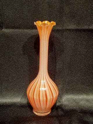 Norleans Art Glass Hand Blown Orange & White Cream Cane Striped Ruffled Vase