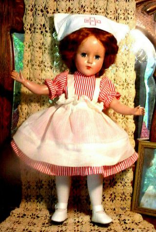 Antique 1940s 14 " R&b Nancy Lee Nanette Nurse Doll Vtg Hard Plastic Braided Updo