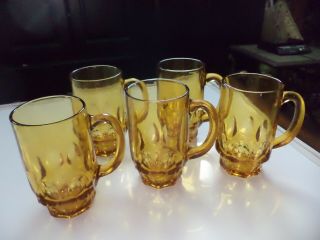5 Vintage Amber Glass Mugs " C " Handle Thumbprint Design 5 - 1/2 " High C On Bottom