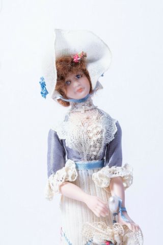 Dollhouse Miniatures Elegant Lady Doll In White Lace Dress By Liz Staryk