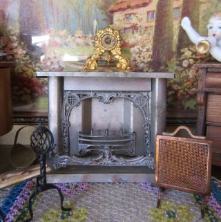 Antique Dollhouse Fireplace Miniature Metal Tin Ornate 1800s Victorian Germany