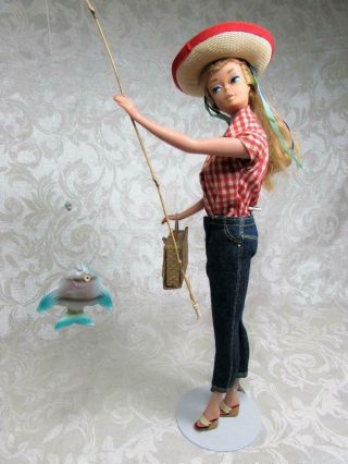 Vintage Swirl Ponytail Barbie Doll In Picnic Set 967 W Fish - Mattel 1960 