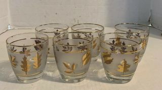 Libbey Gold Foliage Frosted Gold Leaf 6 - 8 Oz Cordial Glasses Set 6 Libbey Vtg