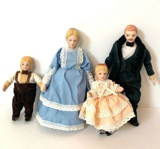 1:12 Vintage Dollhouse Miniature Dolls Porcelain Victorian Family Of 4 Posable
