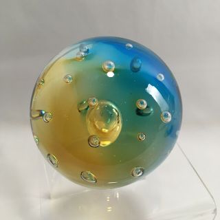 Blue Orange Clear Controlled Bubble Grid Teardrop Art Glass Paperweight 3.  5”
