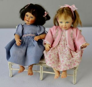 Rose Coddaire Miniature Dolls Connie & Holly Seated On A Bench