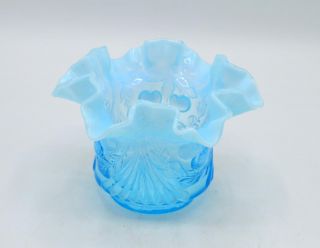 Vintage L.  G.  Wright Blue Opalescent Glass 3.  75 " Ruffled Vase - Wreathed Cherry