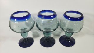 Mexican Hand Blown Glass Cobalt Blue Rims Wine Water Glasses 7.  75 " Set Of 3