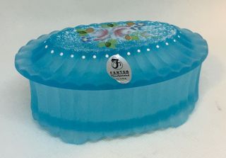 Fenton Glass Aqua Blue Satin Ribbed Oval Covered Trinket Box Hand Painted Floral