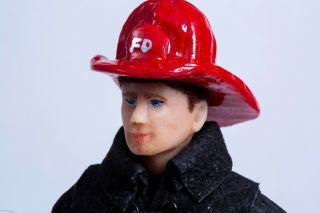 Dollhouse Miniatures Male Doll Dressed In Fireman Outfit W/ Fire Hat,  Boots, .