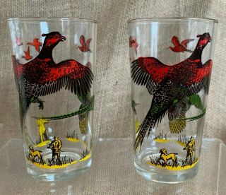Vintage Mcm Pheasant Birds Hunters Dog 5 " Drink Glasses Hazel Atlas? - Set Of 2