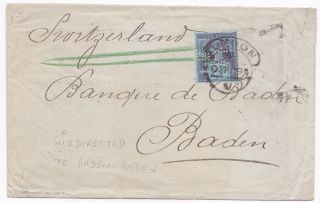 1894 London Hooded Bank Perfin 2½d To Baden Misdirected Baden Baden Germany
