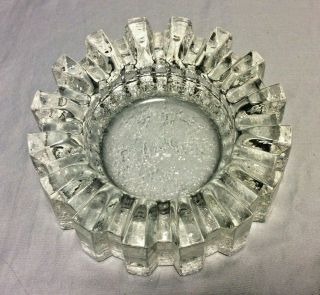 Heavy Clear Crystal Art Glass " Ice " Ashtray Candle Holder Textured Bottom 5 3/4 "