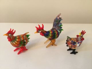 Set Of 3 Hand Blown “murano” Glass Art Miniature Rooster Chicken Figurines
