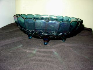 Vintage Blue Carnival Glass Large Oval Footed Fruit Bowl Iridescent Indiana Dish