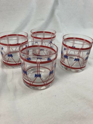 Set Of 4 Vintage Cocktail Glasses,  Drum Themed,  Red,  White And Blue,  Patriotic