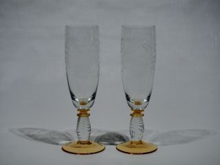 Two Theresienthal Pieroth Amber Crystal Champagne Flutes 7 1/8 " (bumble Bees)