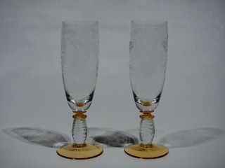 TWO Theresienthal PIEROTH Amber Crystal Champagne Flutes 7 1/8 
