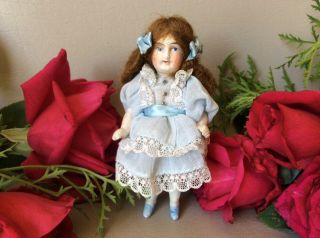Antique German 4”all Bisque Doll Stiff Hips Painted Eyes Fancy Wig & Dress
