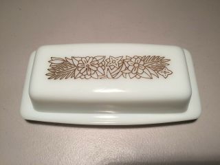 Vintage Pyrex Woodland Milk Glass Butter Dish And Cover - Floral Brown - Euc
