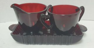 Vintage Royal Ruby Anchor Hocking Glass Creamer And Open Sugar Bowl And Butter