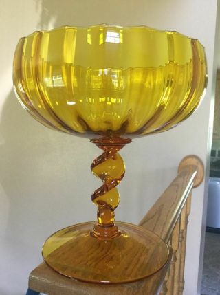Vintage Mcm Yellow Amber Art Glass Bowl Optic Spiral Twist Stem