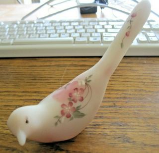 Vintage Fenton Hand Paint Pink Flowers Stain Glass Happiness Bird Signed M Lemon