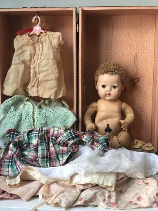 Vintage Drink & Wet 15” Effanbee Dy - Dee Baby Doll With Trunk & Multiple Outfits