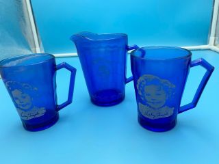 Shirley Temple Pitcher Creamer & 2 Mugs Cobalt Blue Hazel Atlas 1930 