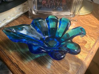 Vintage Viking Handmade Blue Art Glass Leaf Compote Dish Holder