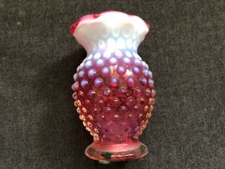 Vintage Fenton Glass Cranberry Opalescent Hobnail Vase 3 1/2 "