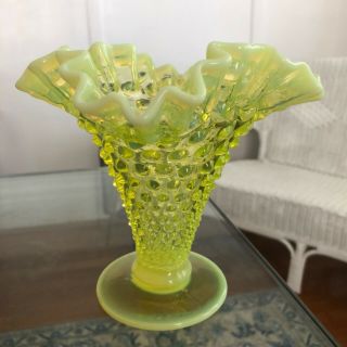 Fenton Topaz Yellow Opalescent Hobnail 5 1/2 Inch Vase 1941 - 1943