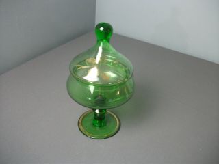 Vintage Depression Glass Candy Dish W/ Lid - Green W/ Painted Gold Flowers F Sb