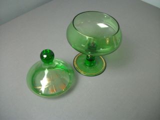 Vintage Depression Glass Candy Dish w/ Lid - Green w/ Painted Gold Flowers f sb 2