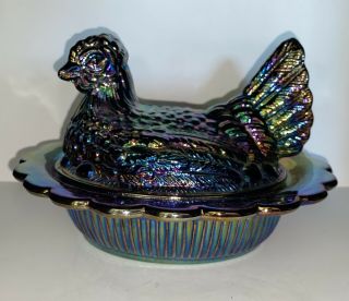 Mosser Chicken Hen On Nest Covered Dish - Black Amethyst Carnival Glass